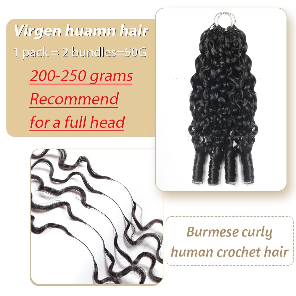 Feather Crochet Human Hair For Black Women 150g 16 Inch Bermese Curly Human Hair Crochet Bundles Pre-Separated Human Crochet Hair Wet And Wavy Invisible Crochet Hair Extensions Kit