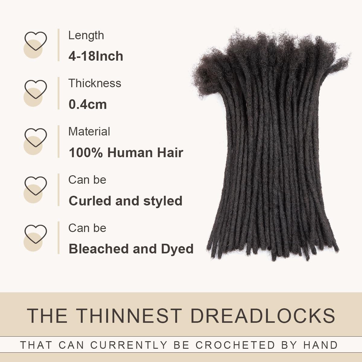 Human Hair Handmade Dreadlocks XSmall 0.4cm Size 20 Strands Per Bundle
